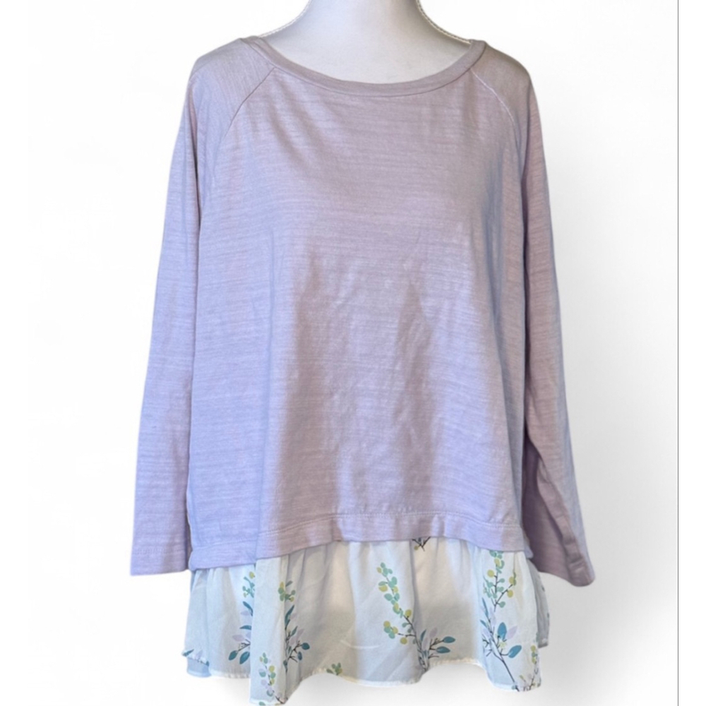 LOFT Lavender Layered Hem Top Floral Chiffon Trim Large